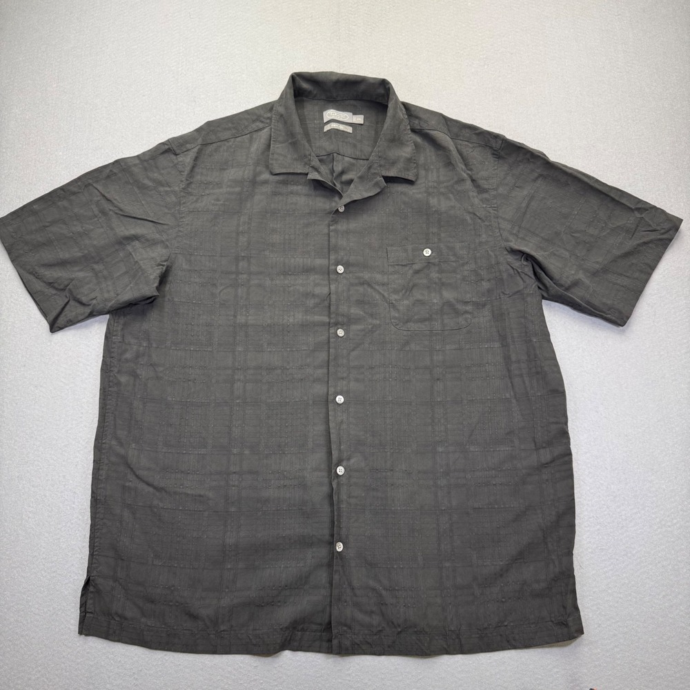 Talbots XXL Black 100% Silk Textured Plaid Short Sleeve Camp Shirt Button Up